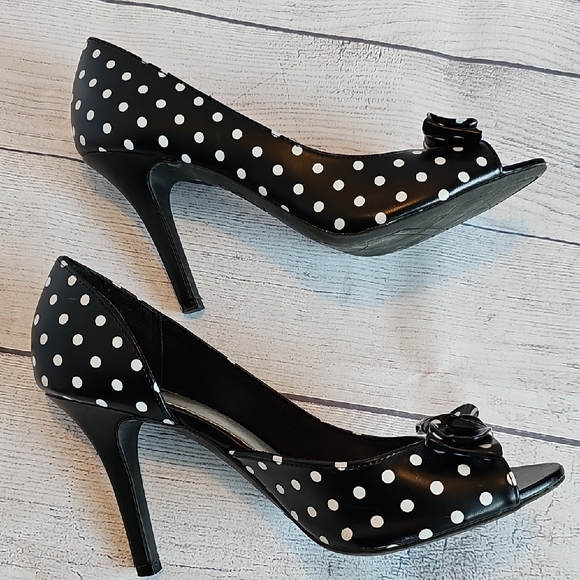 FIONI Black & White Open Toe Polka Dot Heels Size 8.5 - Picture 8 of 11
